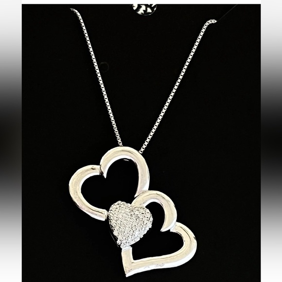 DBJ Jewelry - Signed Sterling Silver 925 50 Diamond 3 Hearts Open Heart Pendant Chain Necklace